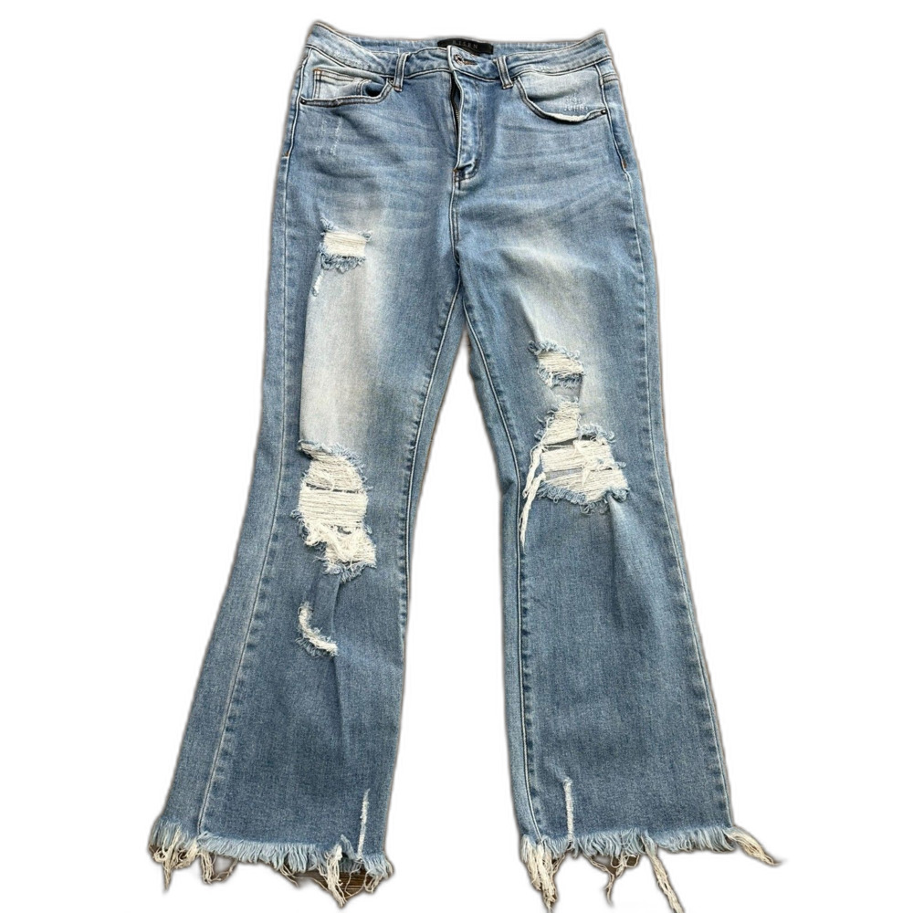Risen Womens Distressed Cropped Flare Jeans Raw Hem Light Wash Size 13 Denim